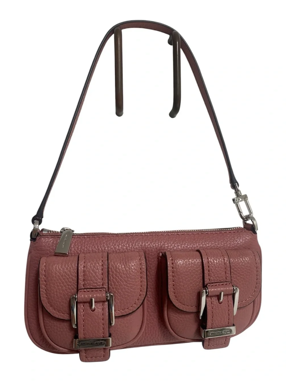 MICHAEL Michael Kors Zoe Rose Pink Leather Pouchette with Front Buckle Pockets